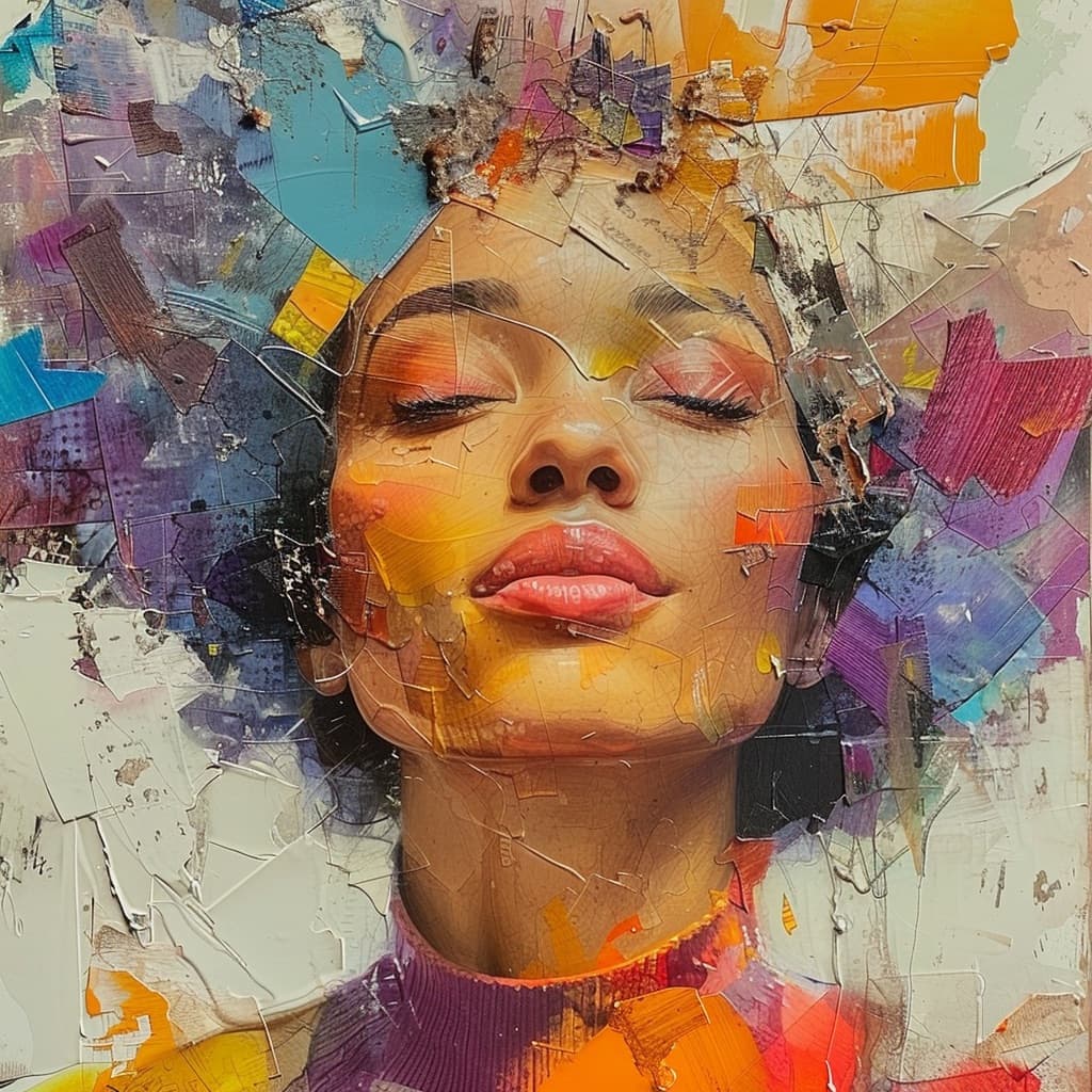 Painted collage portrait of a woman's face in layered colors and textures